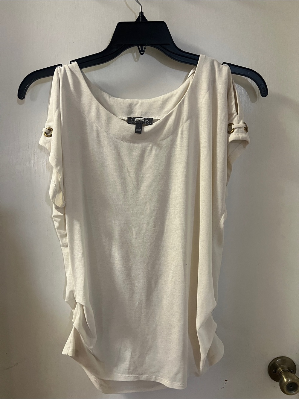 Luxology Cream Cold-Shoulder Draped Blouse with Ring Detail